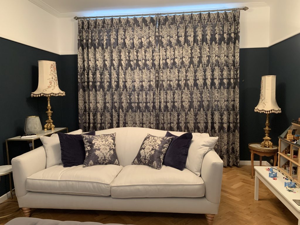 Full length curtains with matching cushions in Surbiton